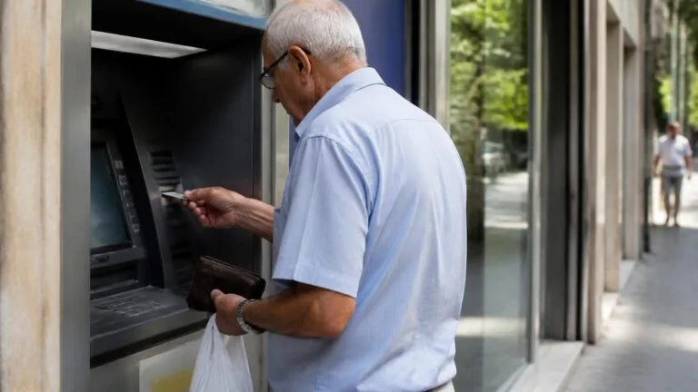 Συνταξιούχος χρησιμοποιεί ΑΤΜ για ανάληψη χρημάτων, για τις ημερομηνίες πληρωμής των συντάξεων Νοεμβρίου 2026.