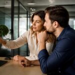 Εργαζόμενος και υπεύθυνος εξετάζουν ψηφιακά δεδομένα σε χώρο εργασίας, για τη χρήση Τεχνητής Νοημοσύνης και την ανθρώπινη εποπτεία.