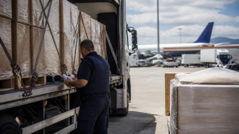 Τελωνειακός έλεγχος εμπορευμάτων σε σύγχρονο χώρο logistics στην Ανατολική Αττική, με φορτηγό και αεροπορικές υποδομές στο βάθος.